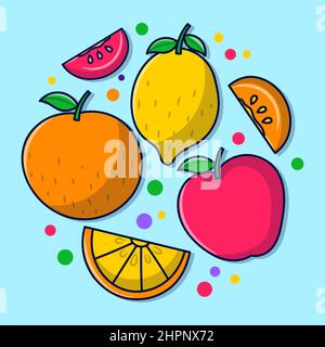 Simple doodle fruits, with colored Hand drawn outline style Stock Vector