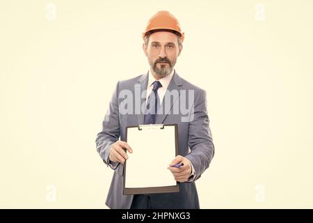 ceo with construction documents. mature boss with clipboard. copy space. Stock Photo