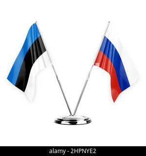 Two table flags isolated on white background 3d illustration, estonia and russia Stock Photo