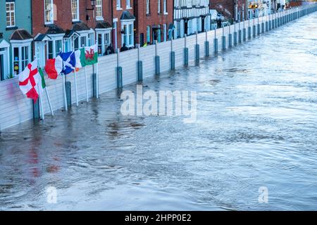 Bewdley,Worcestershire,England,UK- February 22 2022: After heavy rains,the river Severn would cause massive flooding here if it were not for protectio Stock Photo