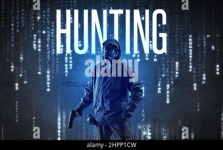 Faceless hacker with inscription Stock Photo