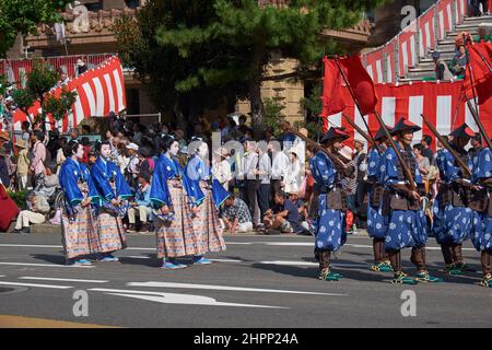 Nagoya, Japan - October 20, 2019: The participants of autumn Nagoya festival wearing the historical costumes of female warriors (Onna-musha) of Sengok Stock Photo