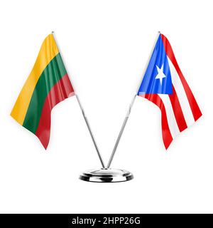 Two table flags isolated on white background 3d illustration, lithuania and puerto rico Stock Photo