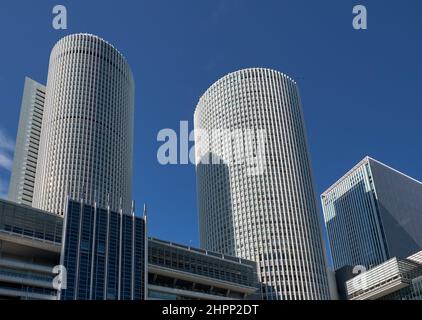 Nagoya, Japan - October 22, 2019: The view up to the two central towers of JR Nagoya Station. Nagoya. Japan Stock Photo