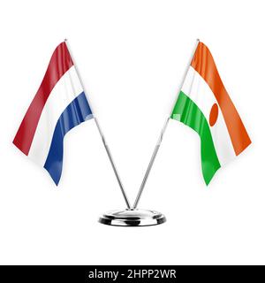 Two table flags isolated on white background 3d illustration, netherlands and niger Stock Photo