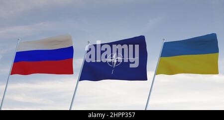 Flags of UKRANIE  RUSSIA and NATO United States of America USA waving with cloudy blue sky background, WAR 3D rendering Stock Photo