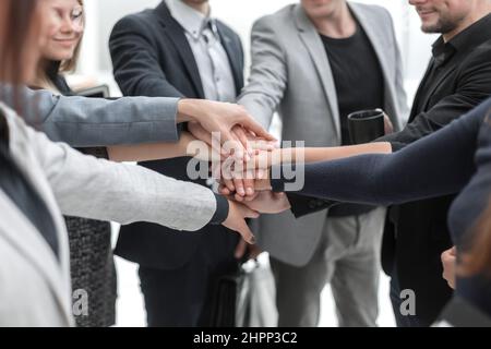 young employees making a stack out of their hands. the concept of teamwork Stock Photo