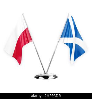 Two table flags isolated on white background 3d illustration, poland and scotland Stock Photo