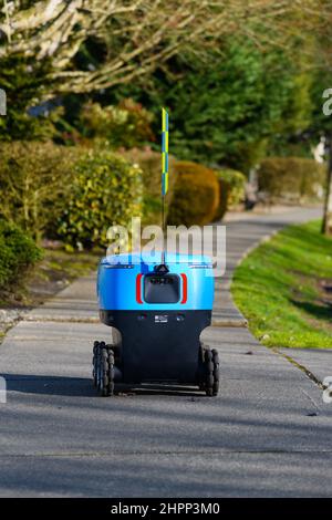 Monroe, WA, USA - February 21, 2022; Amazon Prime autonomous Scout delivery vehicle travelling on a sidewalk as seen from behind in Monroe Washington Stock Photo