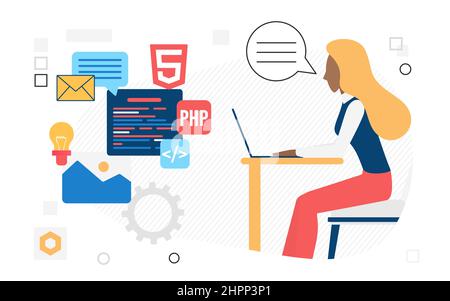 Software engineer developer building backend web page. Programming languages implementing algorithms Stock Vector
