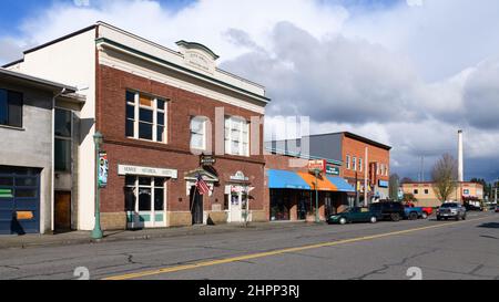 Monroe, WA, USA - February 21, 2022; Downtown Monroe Washington along East Main Street with the Historical Society and Museum in the old City Hall Stock Photo