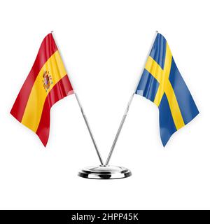 Two table flags isolated on white background 3d illustration, spain and sweden Stock Photo