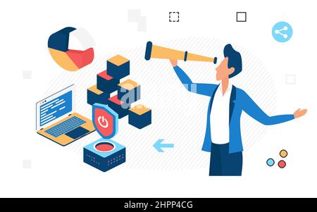 Searching for smart data protection solution way. Digital secured storing information software tool Stock Vector