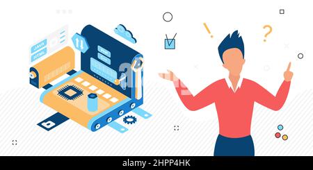 Website improvements project development process. Building and maintenance webpages software engineer Stock Vector