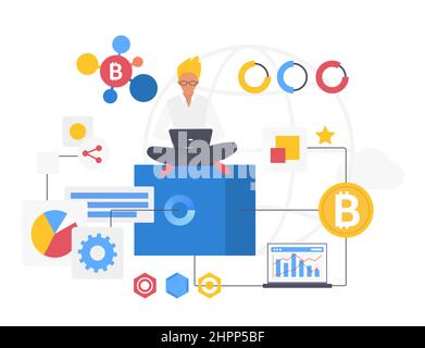 Online digital trading blockchain platform. Recording and tracking virtual cryptocurrency transactions Stock Vector