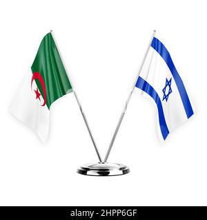 Two table flags isolated on white background 3d illustration, algeria and israel Stock Photo