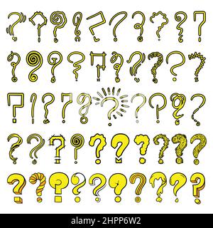 Set of Hand drawn vector doodle questions marks in various shapes and forms. Stock Vector