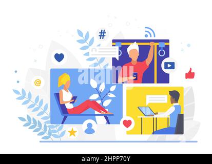 Social media application users always online. Active followers communicating on messenger network Stock Vector
