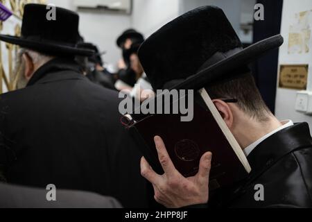 Lezajsk, Poland. 21st Feb, 2022. Ultra orthodox Jews (Hassids) are seen praying in front of the grave of Tzadik Elimelech. Every year ultra orthodox Jews come to Lezajsk (Poland) to visit the grave of Tzadik Elimelech to pray, dance and sing during his death anniversary. This is the traditional ceremony of Hassid Jews. They visit also the Jewish cemetery in Lancut, where Tzadiks Horowitz and Szapiro have graves. Credit: SOPA Images Limited/Alamy Live News Stock Photo