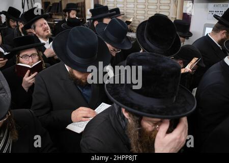 Lezajsk, Poland. 21st Feb, 2022. Ultra orthodox Jews (Hassids) are seen praying in front of the grave of Tzadik Elimelech. Every year ultra orthodox Jews come to Lezajsk (Poland) to visit the grave of Tzadik Elimelech to pray, dance and sing during his death anniversary. This is the traditional ceremony of Hassid Jews. They visit also the Jewish cemetery in Lancut, where Tzadiks Horowitz and Szapiro have graves. Credit: SOPA Images Limited/Alamy Live News Stock Photo