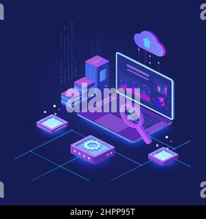 Computer magnifying and processing cloud data analysis base. Inspecting statistical graphic evolution information Stock Vector