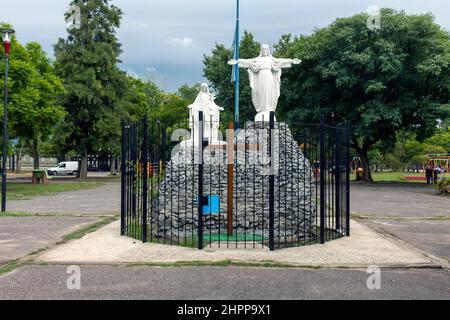 park in Argentina with Christian religious monument with Jesus Christ and the Virgin Mary Stock Photo