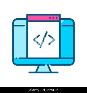 Html web page coding on computer monitor. Pixel perfect, editable stroke color icon Stock Vector