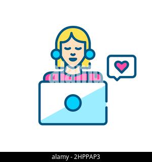 Girl working on laptop with like message. SMM content manager or blogger. Pixel perfect, editable stroke color icon. Stock Vector