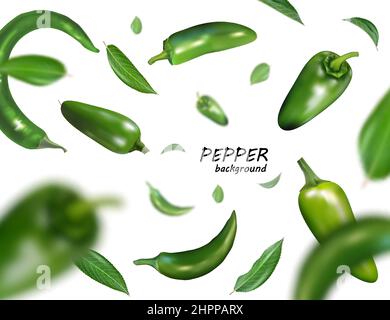 Falling green chili or chilli pepper isolated on white Realistic vector, 3d illustration Stock Vector