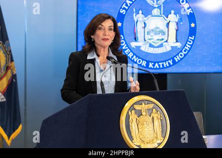 Governor Kathy Hochul speaks during announcement for the creation of a Joint Security Operations Center at MetroTech Commons in New York on February 22, 2022. Operation Center was created for mitigate potential cyber attacks and for collaboration from all relevant state and local agencies. Governor was joined by New York City mayor Eric Adams, mayor of Albany Kathy Sheehan, mayor of Yonkers Mike Spano, Commissioner of NYS Division of Homeland Security and Emergency Services Jackie Bray and vitually by Syracuse Mayor Ben Walsh. The New York JSOC Will Serve as a First-of-its-Kind Hub for Data Sh Stock Photo