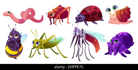 Cute insect characters, ant, bee, spider, grasshopper, ladybug, worm and snail. Vector cartoon set of funny bugs, beetles, ladybird, mosquito and earthworm isolated on white background Stock Vector