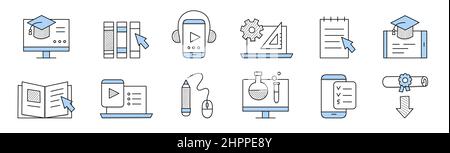 Online education doodle icons pc desktop with academic cap, pointer and files folders or textbook, smartphone with headset and play button, laptop with protractor and gear Line art vector illustration Stock Vector