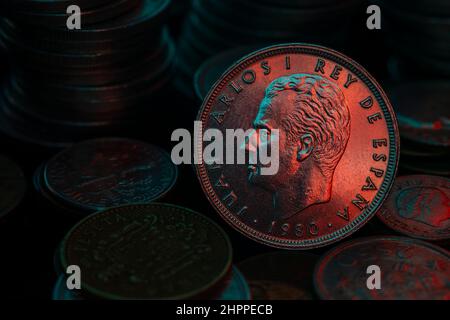 Juan Carlos I King of Spain 25 Pesetas Coin 1980 Close Up Stock Photo