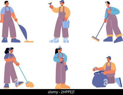 Set of cleaning service characters in uniform work with equipment to clean room. Professional company workers with tools mop or vacuuming floor, rub, sweep, collect trash, Line art vector illustration Stock Vector