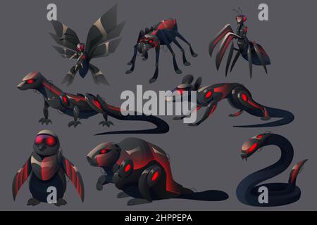 Evil robots animals wasp, spider, mantis, lizard, penguin, beaver, rat and snake mechanical monsters. Cyborgs insects, birds and mammal with glowing red eyes Cartoon wicker cyber machines, Vector set Stock Vector