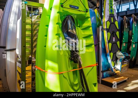 Kayak display at Dick's Sporting Goods, America's largest sporting goods retailer, in Buford, Georgia, at the Mall of Georgia. (USA) Stock Photo