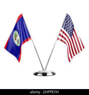 Two table flags isolated on white background 3d illustration, belize and usa Stock Photo