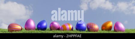 Many colorful Easter eggs in a row on a grass background using as header, Easter concept, 3d rendering Stock Photo