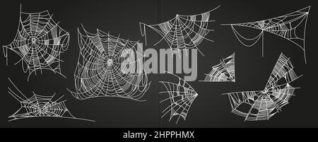 Spider web parts isolated on black background. Scary cobweb outline decor. Vector design elements for Halloween, horror, ghost or monster party, invitation and posters. Stock Vector