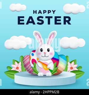 happy easter 3d illustration with a rabbit holding carrot over podium Stock Vector