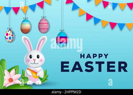 happy easter illustration with hanging eggs, rabbit, and leaves Stock Vector