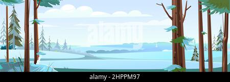 Winter trees. Snow frosty landscape. Beautiful Forest Panorama. Pine trunks. Illustration in cartoon style flat design. Vector. Stock Vector