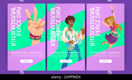 International dance day cartoon web banners with hippie peace gesture, hippy man play guitar, sing song. Culture of sixties, retro style performance or disco party, Vector mobile app onboard screens Stock Vector