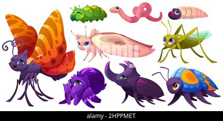 Cute insect characters, butterfly, caterpillar, spider, grasshopper, moth, worm and snail. Vector cartoon set of funny bugs, rhinoceros beetle, earthworm and maggot isolated on white background Stock Vector