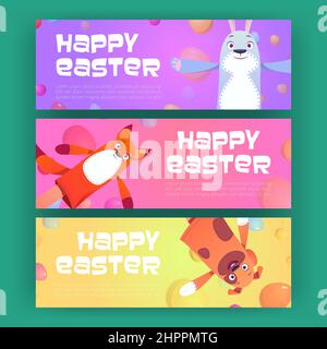 Happy Easter banners with funny puppet dolls rabbit, fox and dog on colorful background with flying painted eggs. Invitation on holiday party or performance, egg hunt Cartoon vector illustration Stock Vector
