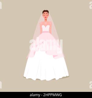 The bride in a lush dress with a veil. Vector illustration in flat cartoon style Stock Vector