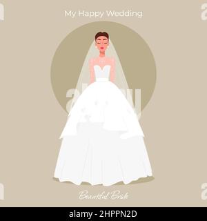 Bride in a lush dress greeting card. Vector illustration in flat cartoon style Stock Vector