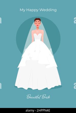 Bride in a lush dress greeting card. Vector illustration in flat cartoon style Stock Vector