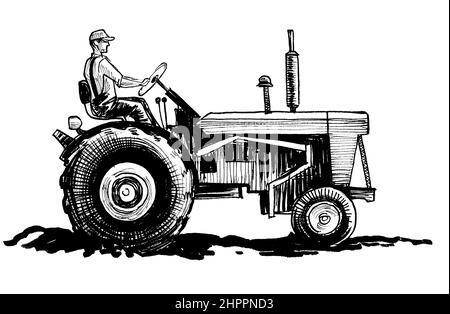 Farmer on retro tractor. Ink black and white drawing Stock Photo