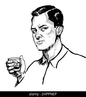 Man drinking a glass of whiskey. Ink black and white drawing Stock Photo